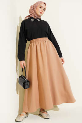 Beli Lastikli Cepli Kloş Dabıl Etek Latte - Etek