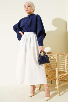 Beli Lastikli Cepli Kloş Etek Beyaz - Etek