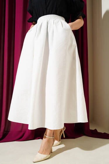 Beli Lastikli Cepli Kloş Etek Beyaz - Uzun Etek