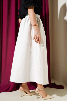 Beli Lastikli Cepli Kloş Etek Beyaz - Uzun Etek