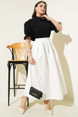 Beli Lastikli Cepli Kloş Etek Beyaz - Uzun Etek