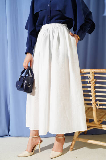 Beli Lastikli Cepli Kloş Etek Beyaz - Yılın Fırsatı