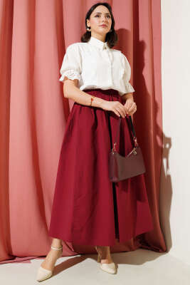 Beli Lastikli Cepli Kloş Etek Bordo - Uzun Etek