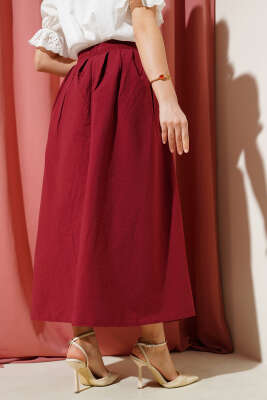 Beli Lastikli Cepli Kloş Etek Bordo - Uzun Etek