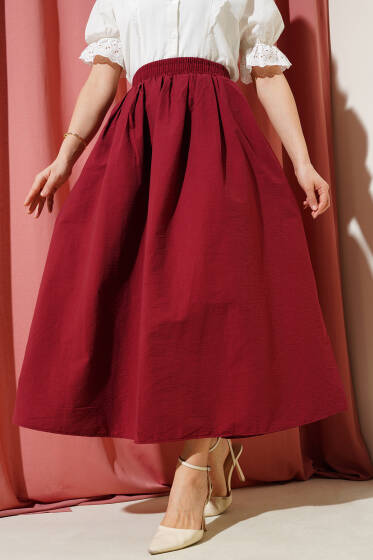 Beli Lastikli Cepli Kloş Etek Bordo - Uzun Etek