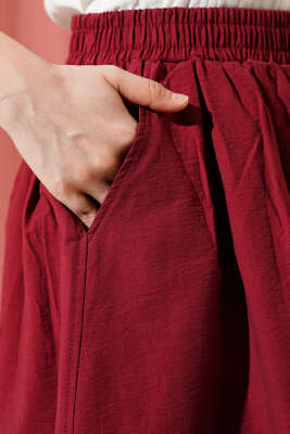 Beli Lastikli Cepli Kloş Etek Bordo - Uzun Etek