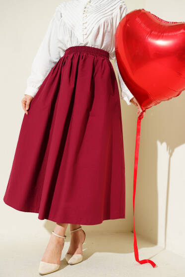 Beli Lastikli Cepli Kloş Etek Bordo - Yılın Fırsatı