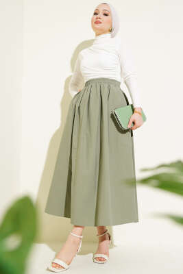 Beli Lastikli Cepli Kloş Etek Çağla Yeşili - Uzun Etek