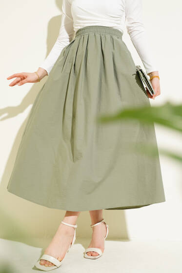 Beli Lastikli Cepli Kloş Etek Çağla Yeşili - Uzun Etek