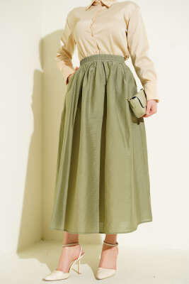 Beli Lastikli Cepli Kloş Etek Çağla Yeşili - HELLIE