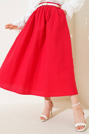 Beli Lastikli Cepli Kloş Etek Kırmızı - Etek