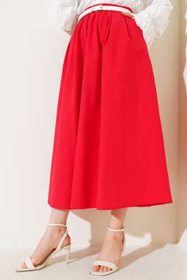 Beli Lastikli Cepli Kloş Etek Kırmızı - Uzun Etek