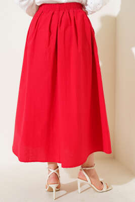Beli Lastikli Cepli Kloş Etek Kırmızı - Uzun Etek