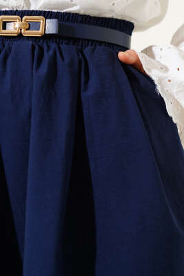 Beli Lastikli Cepli Kloş Etek Lacivert - Uzun Etek