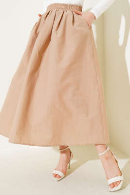 Beli Lastikli Cepli Kloş Etek Latte - Uzun Etek