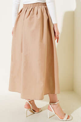 Beli Lastikli Cepli Kloş Etek Latte - Uzun Etek