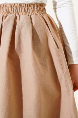 Beli Lastikli Cepli Kloş Etek Latte - Uzun Etek