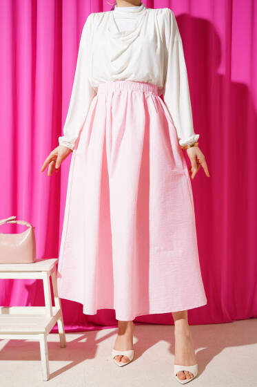 Beli Lastikli Cepli Kloş Etek Pudra - Yılın Fırsatı