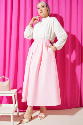 Beli Lastikli Cepli Kloş Etek Pudra - Yılın Fırsatı