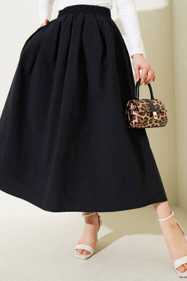 Beli Lastikli Cepli Kloş Etek Siyah - Etek