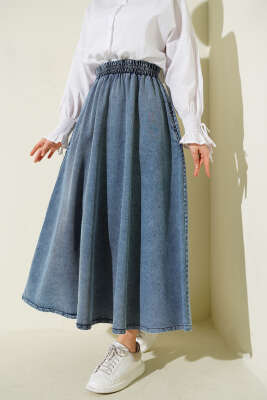 Beli Lastikli Cepli Kloş Kot Etek Açık Mavi - MUSTİ