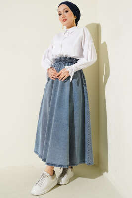 Beli Lastikli Cepli Kloş Kot Etek Açık Mavi - Etek