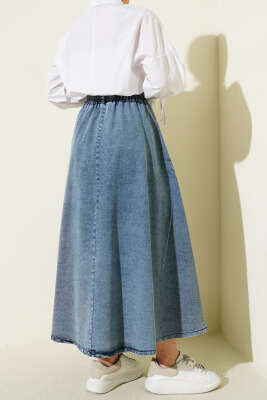 Beli Lastikli Cepli Kloş Kot Etek Açık Mavi - Etek