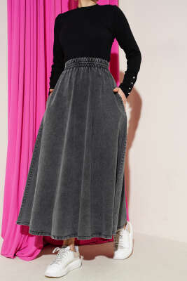 Beli Lastikli Cepli Kloş Kot Etek Füme - MUSTİ