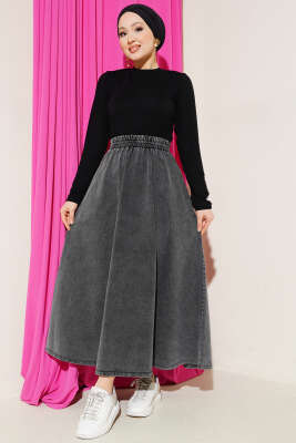 Beli Lastikli Cepli Kloş Kot Etek Füme - Etek
