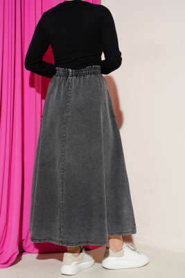 Beli Lastikli Cepli Kloş Kot Etek Füme - Etek