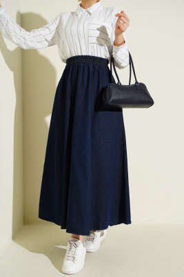 Beli Lastikli Cepli Kloş Kot Etek Lacivert - MUSTİ