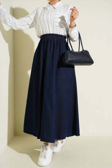 Beli Lastikli Cepli Kloş Kot Etek Lacivert - Etek