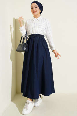Beli Lastikli Cepli Kloş Kot Etek Lacivert - Etek