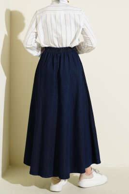 Beli Lastikli Cepli Kloş Kot Etek Lacivert - Etek