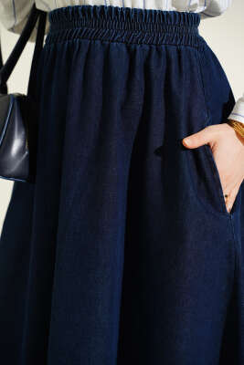 Beli Lastikli Cepli Kloş Kot Etek Lacivert - Etek
