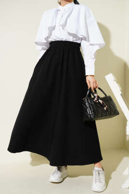 Beli Lastikli Cepli Kloş Kot Etek Siyah - MUSTİ