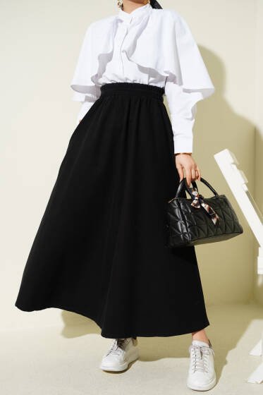 Beli Lastikli Cepli Kloş Kot Etek Siyah - Etek