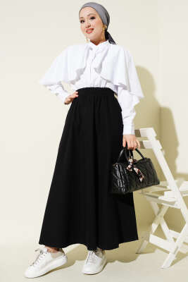 Beli Lastikli Cepli Kloş Kot Etek Siyah - Etek