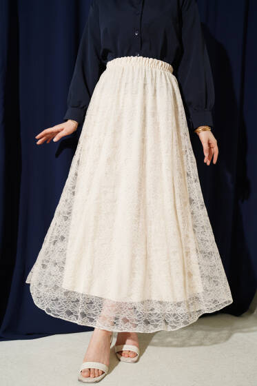 Beli Lastikli Çiçek Dantelli Etek Bej - Etek