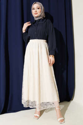 Beli Lastikli Çiçek Dantelli Etek Bej - Etek