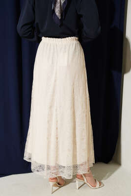 Beli Lastikli Çiçek Dantelli Etek Bej - Etek