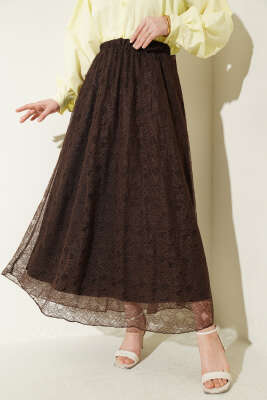 Beli Lastikli Çiçek Dantelli Etek Kahve - BERAT TEKSTİL