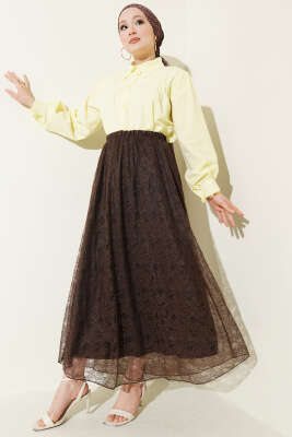 Beli Lastikli Çiçek Dantelli Etek Kahve - Etek