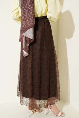 Beli Lastikli Çiçek Dantelli Etek Kahve - Etek