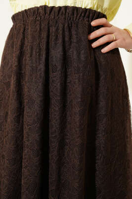 Beli Lastikli Çiçek Dantelli Etek Kahve - Etek