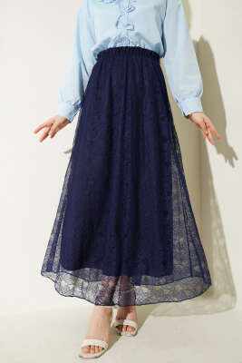 Beli Lastikli Çiçek Dantelli Etek Lacivert - BERAT TEKSTİL
