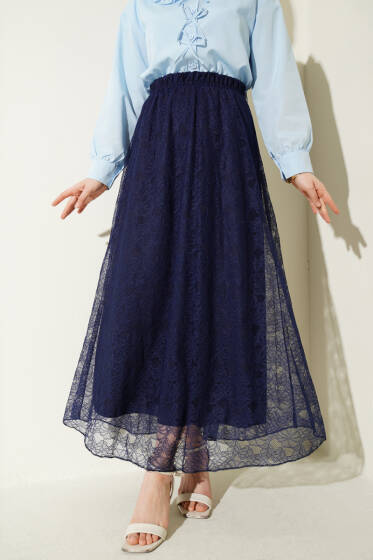Beli Lastikli Çiçek Dantelli Etek Lacivert - Etek