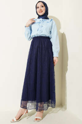 Beli Lastikli Çiçek Dantelli Etek Lacivert - Etek
