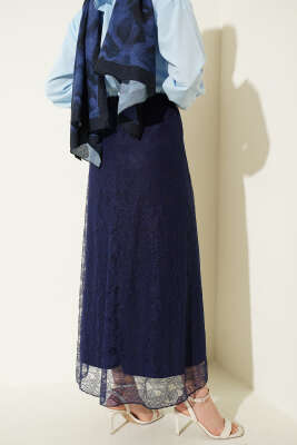 Beli Lastikli Çiçek Dantelli Etek Lacivert - Etek