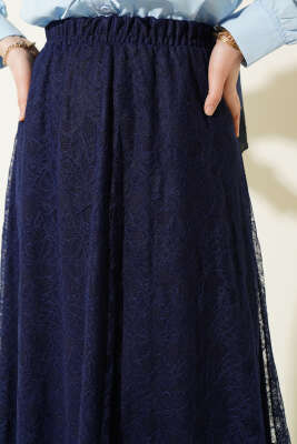 Beli Lastikli Çiçek Dantelli Etek Lacivert - Etek